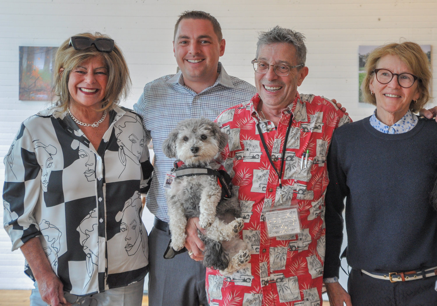 SCVA president Roberta Byron Lockwood, New York State Sen. Mike Martucci and New York State Assemblywoman Aileen Gunther stopped by Gallery 222 in Hurleyville to say hello to Dharma the Wonder Dog. Oh, right…   I was there, too. ..
